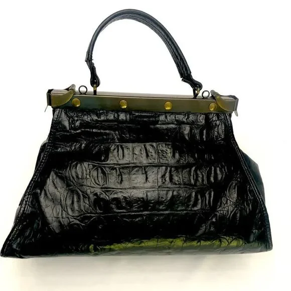 Vintage Rare Alligator Lock Leather Lan Marco Handbag